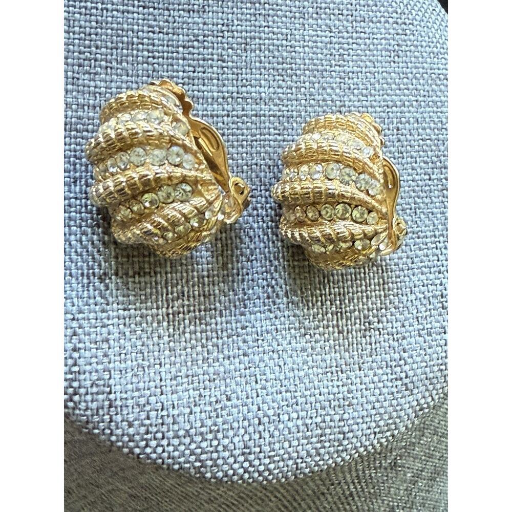 Vintage Clip Earrings Rhinestone Encrusted Chunky Half Hoop Statement Gold Tone